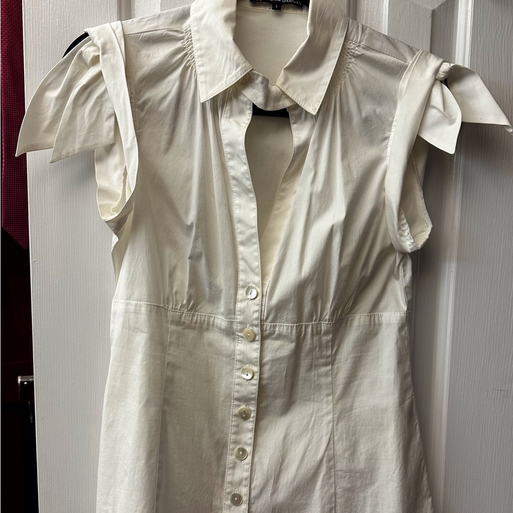 Yves Saint Laurent White Sleeveless Cotton Button-Up Blouse bows at shoulder